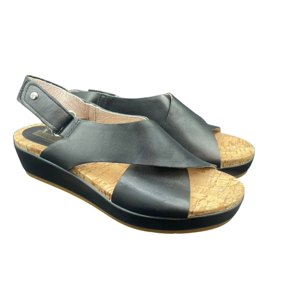 Pikolinos Mykonos Sandals Women’s 7 Black Leather Cooling Cork Wedge Slingback